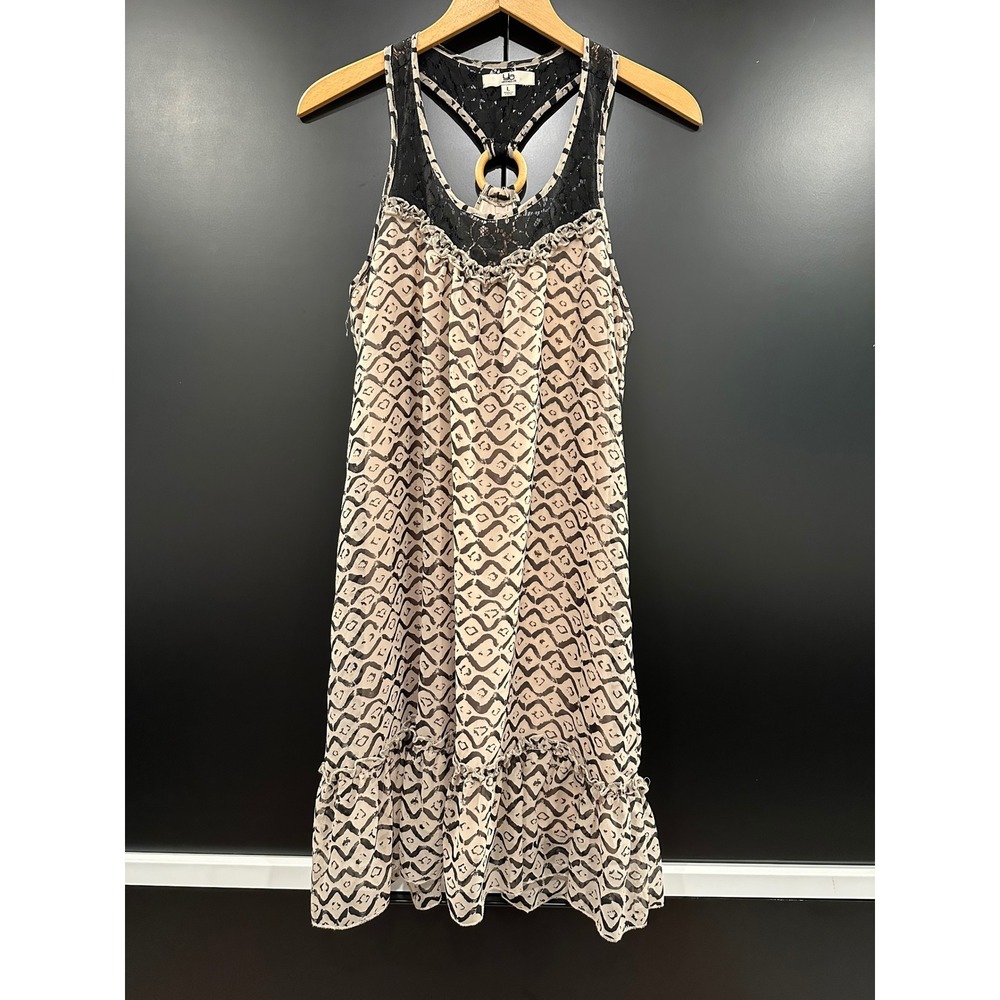 Ya Los Angeles Lace Racerback Mini Dress Geometric Print Tan Black Wood Ring L